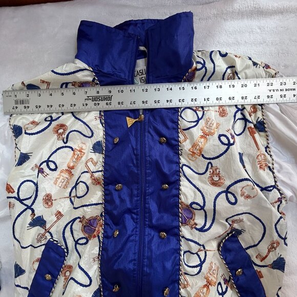Vintage 90s Casual Isle Bomber Jacket Womens Medium Gold Chain Print Blue White - Picture 5 of 7